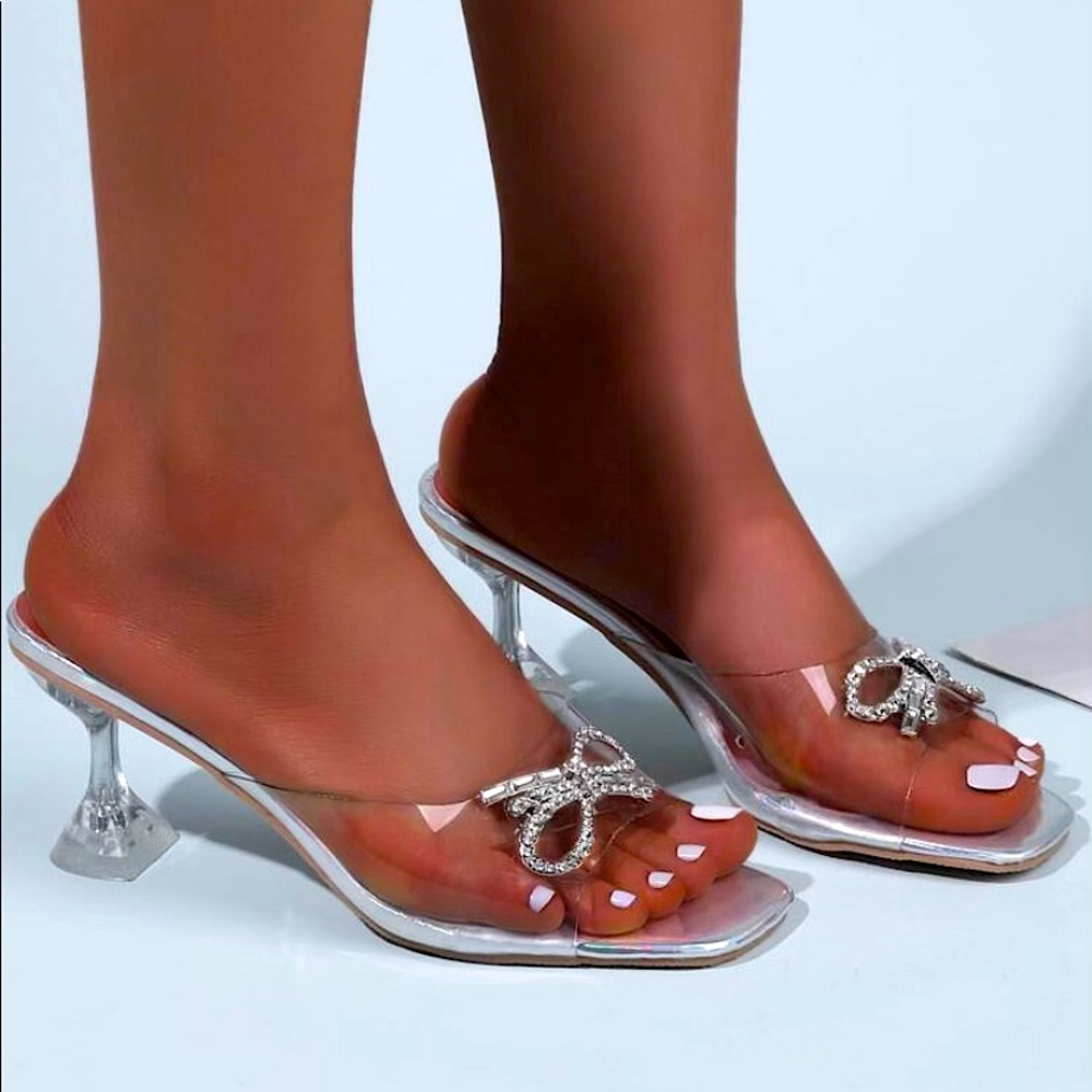 NEW Rhinestone Bow Clear Pyramid Heeled Mules